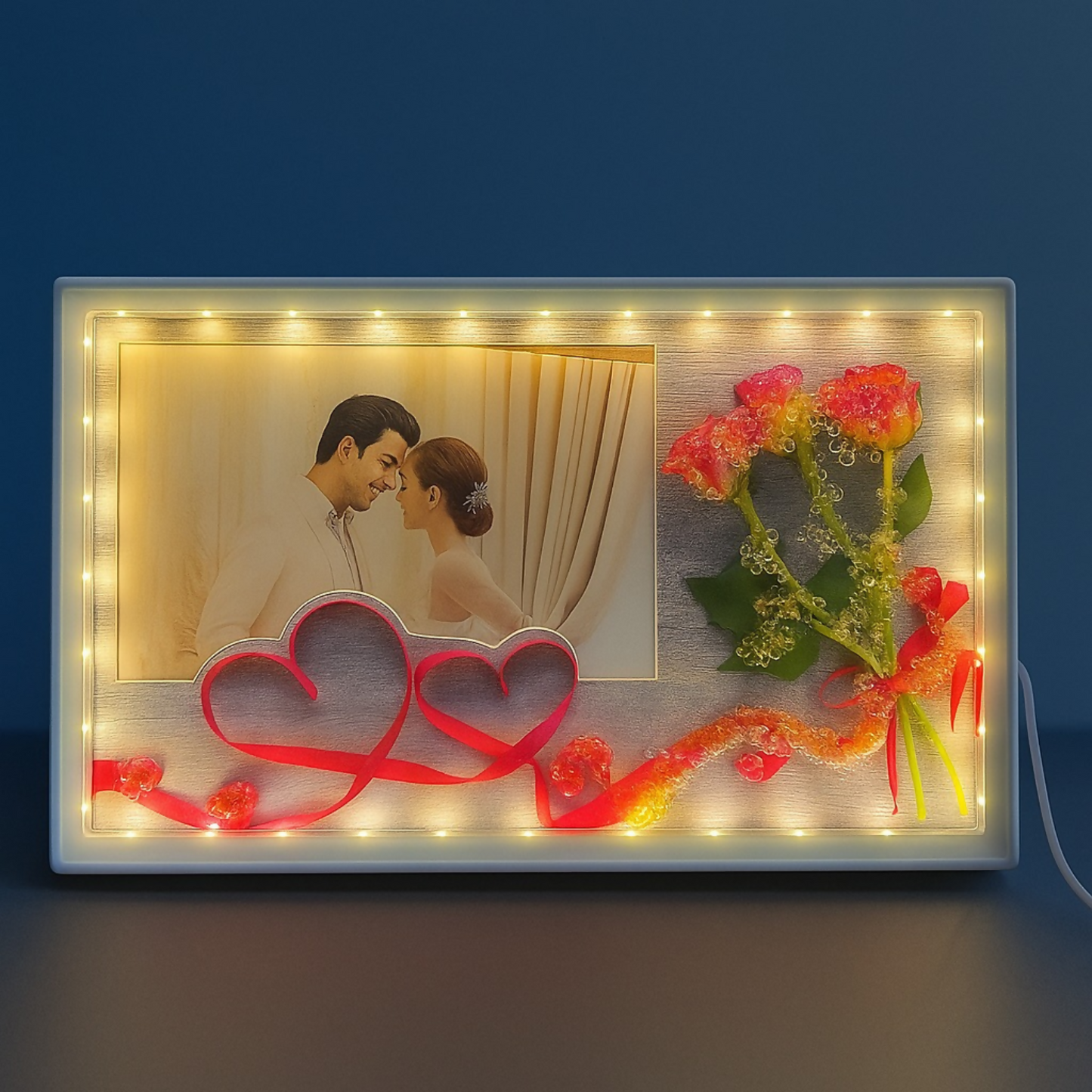 Romantic LED Photo Frame with Decorative Flowers & Heart Ribbon Design | Warm Light Illuminated Couple Picture Frame for Anniversary, Wedding & Valentine Gift | USB Powered Tabletop Love Frame for Home & Bedroom Decor