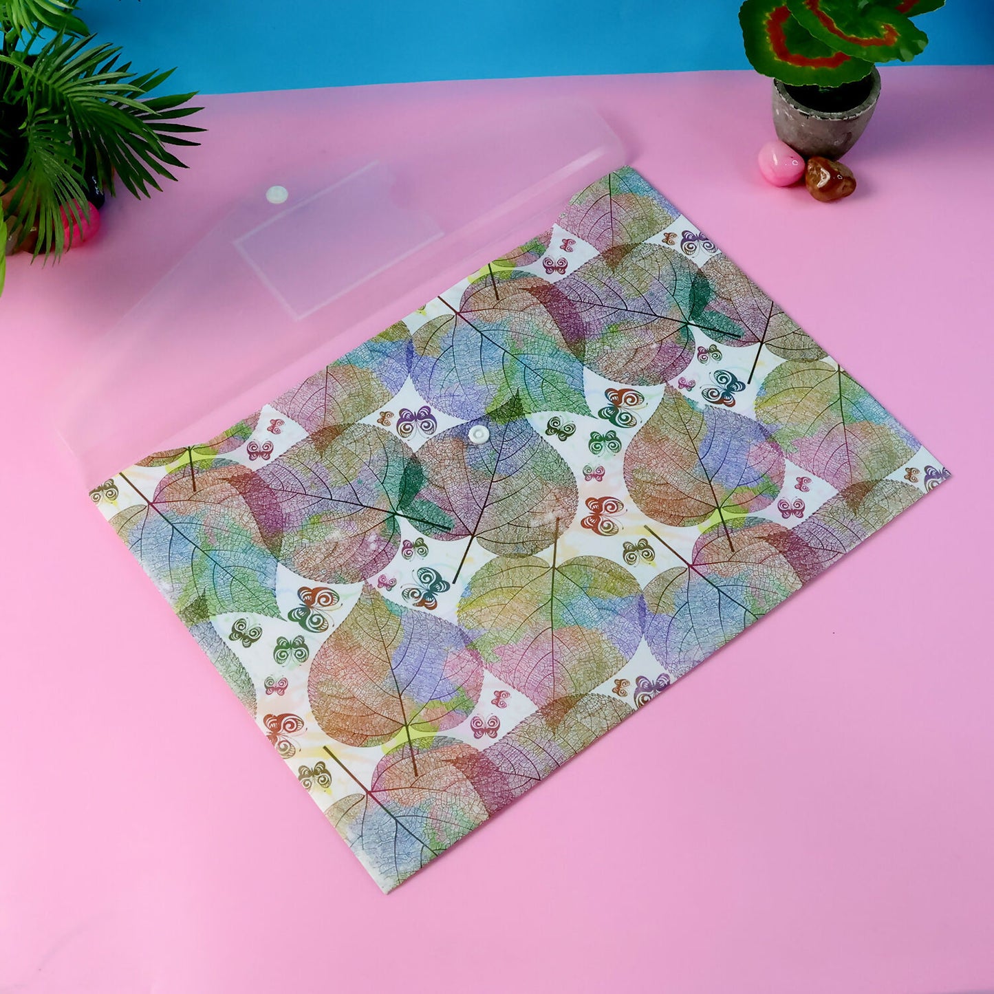 Mix Design Printed A4 Document Folder – Leaf Design Button Closure File with Label Slot (1 Pc)