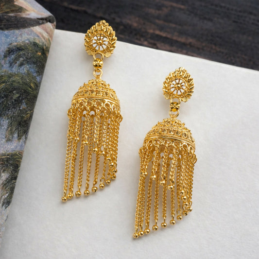 Traditional gold tone chain tassel jhumka earrings with floral stud