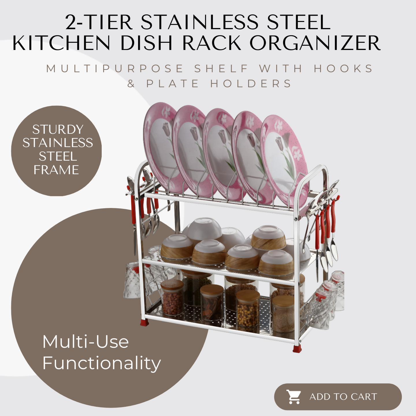 Regular Stainless Steel 18 x 18 Dish Rack | 2-Tier Kitchen Utensil Drainer | Plate Stand with Cutlery & Glass Holders