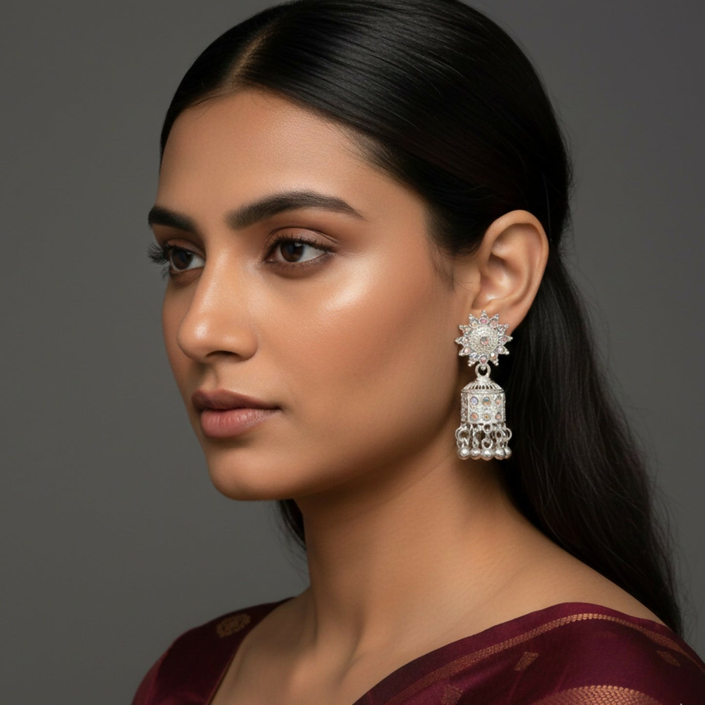 Elegant White Gold Look Jhumka Earings