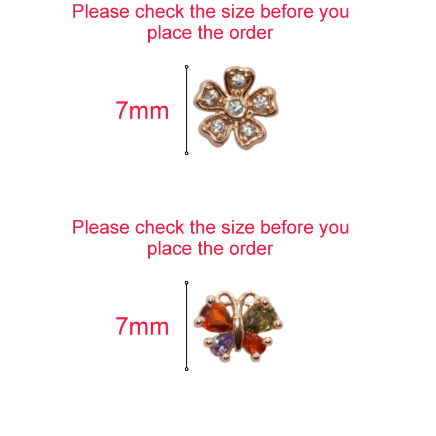 Rose gold stud earrings featuring butterfly and floral designs with sparkling cubic zirconia