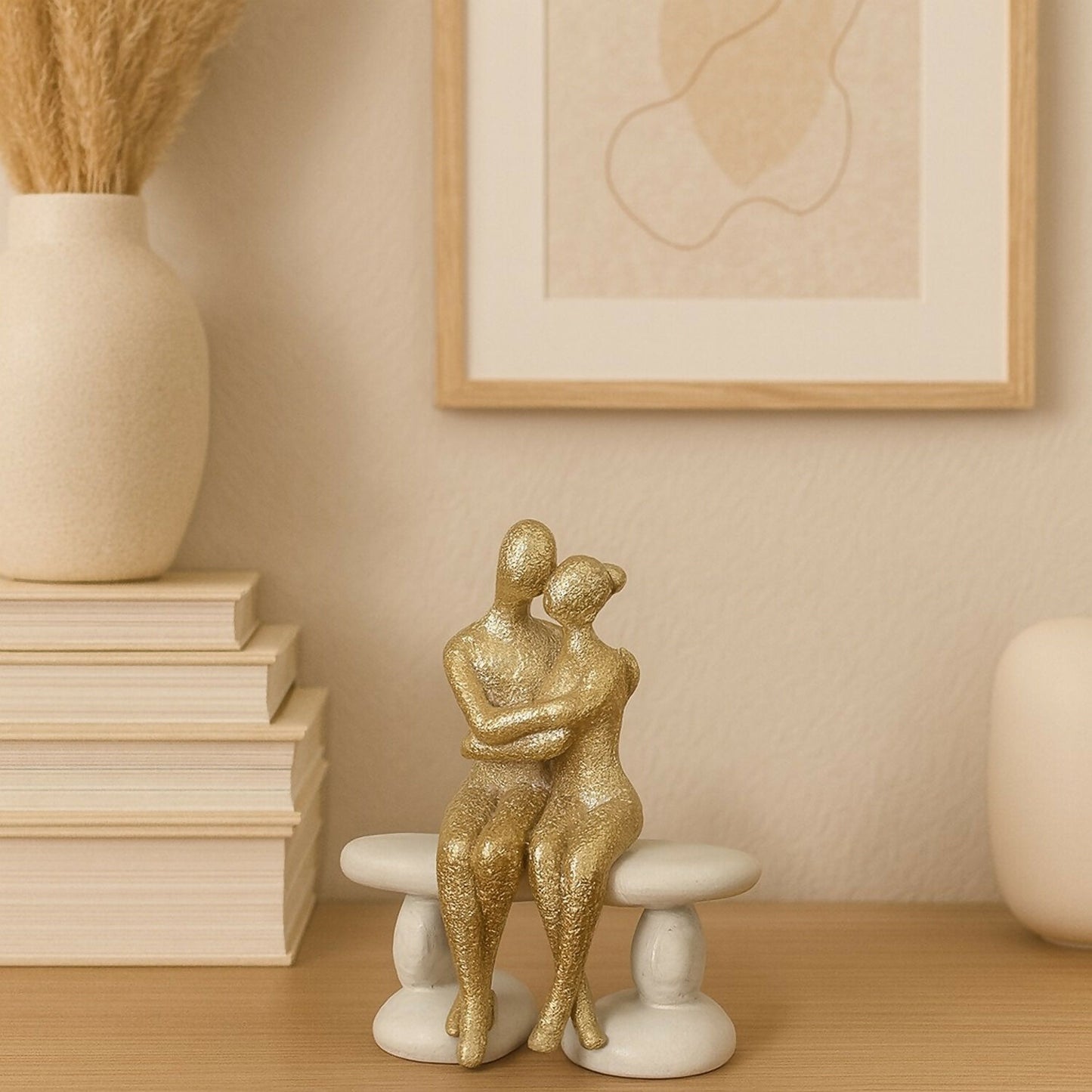 Golden Couple Sitting on Bench Showpiece for Home Decor & Romantic Gifting
