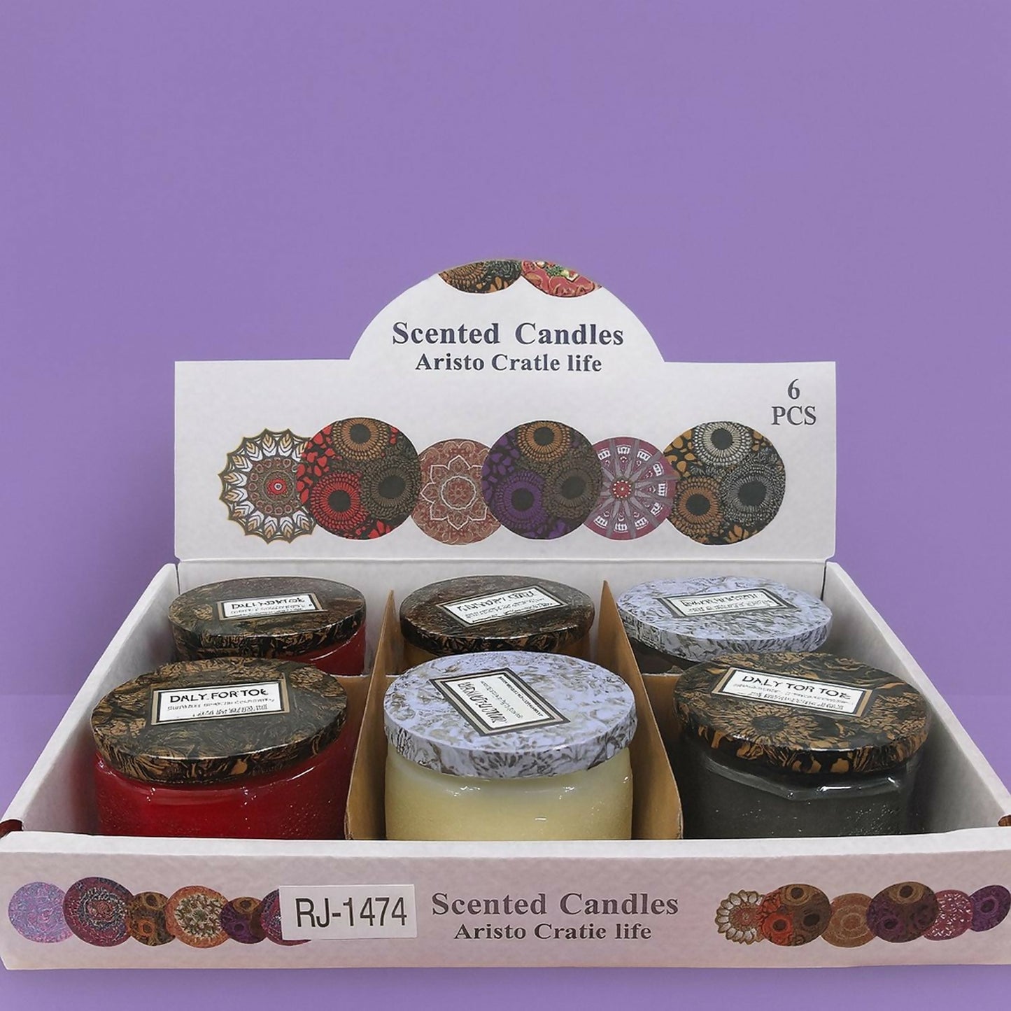 Luxury Set of 6 Scented Glass Jar Candles with Decorative Printed Lids – Aromatherapy Wax Candles Gift Pack for Home Décor, Relaxation, Spa & Gifting (Multicolor, Assorted Fragrances)