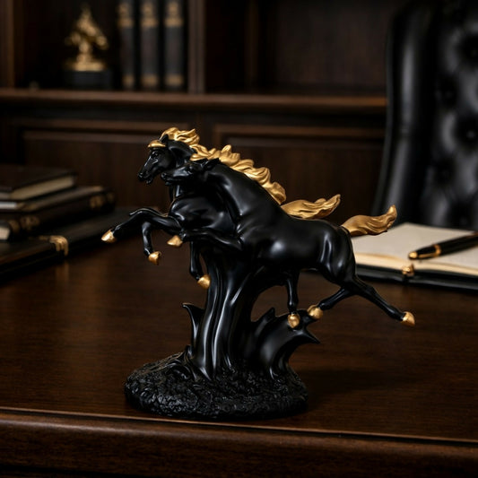 Double Black Horse Showpiece with Golden Mane for Home Decor | Lucky Horse Statue