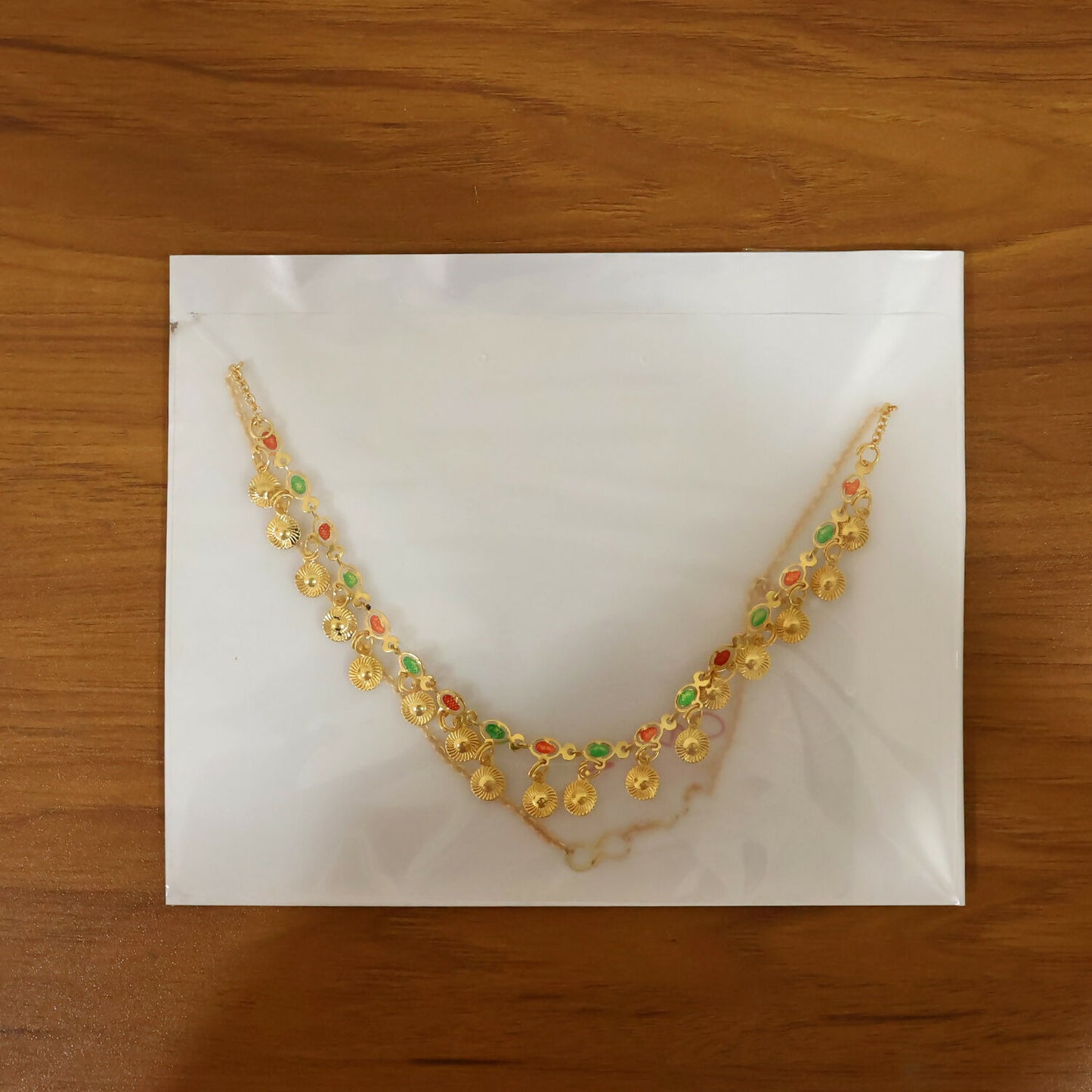 Traditional Gold Charm Necklace with Multicolor Stone Drops