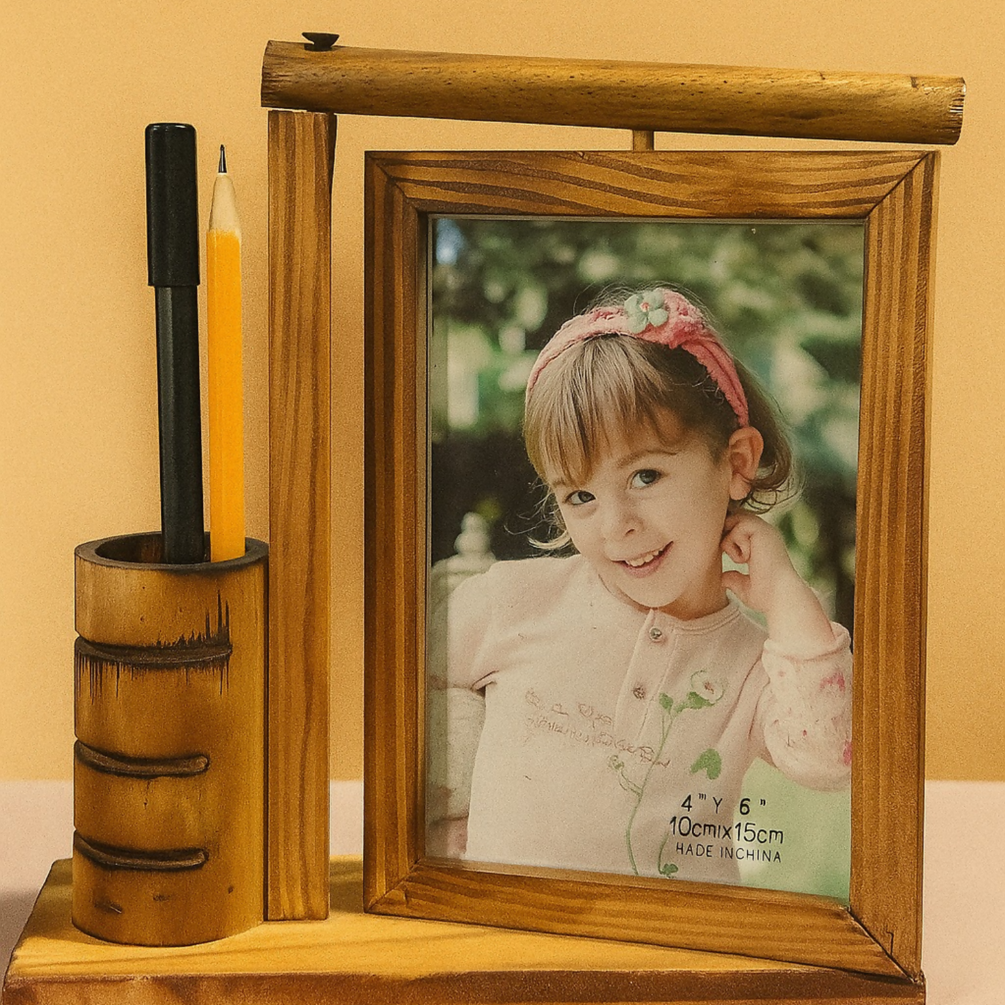 Wooden Photo Frame with Pen Holder Stand – 4x6 Inch Tabletop Frame for Desk, Office & Home Decor | Rustic Brown Finish | Multipurpose Wooden Frame for Family, Friends & Kids Photo Display