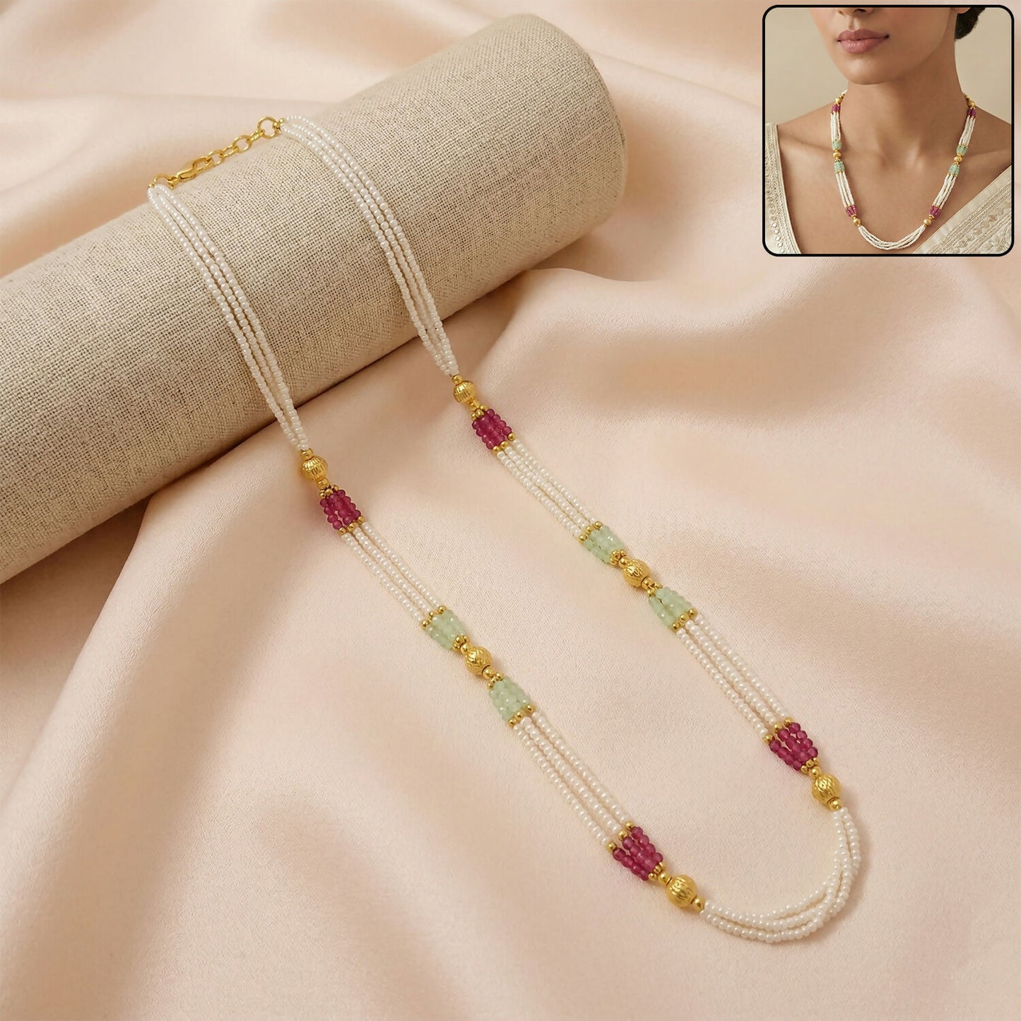 Traditional multi-strand mala necklace with pearl beads and gold accents