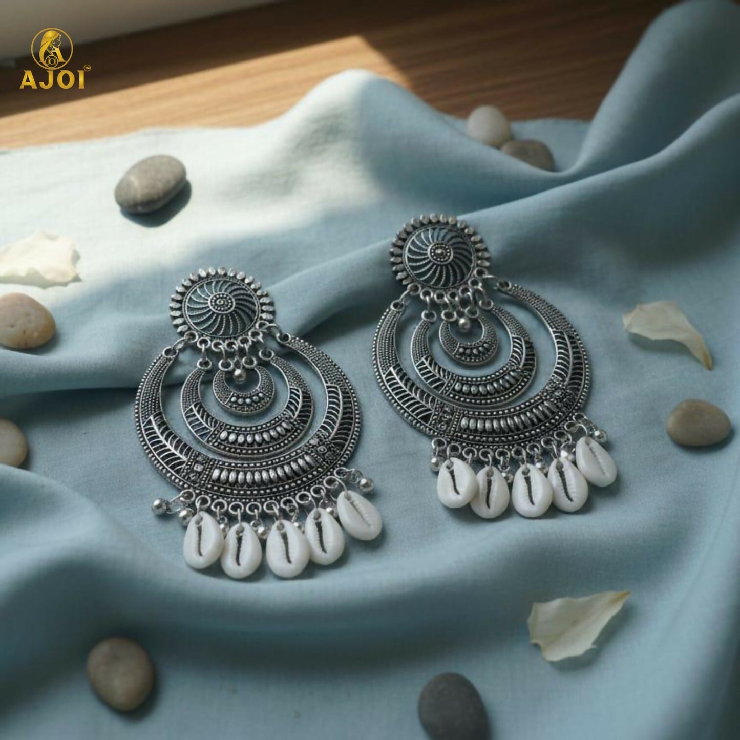Oxidized Silver Chandbali Earrings with Cowrie Shell Drops Earring
