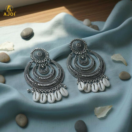 Oxidized Silver Chandbali Earrings with Cowrie Shell Drops Earring