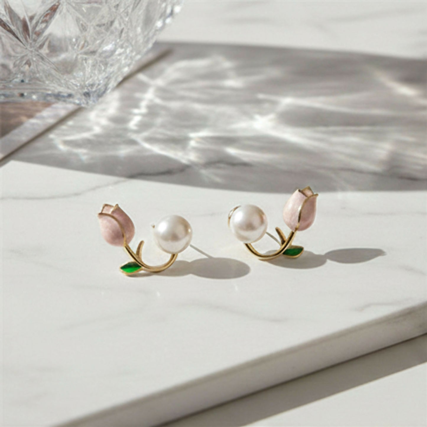 Dainty Enamel Tulip & Round Pearl Korean Style Earrings – Chic Nature-Inspired Jewelry