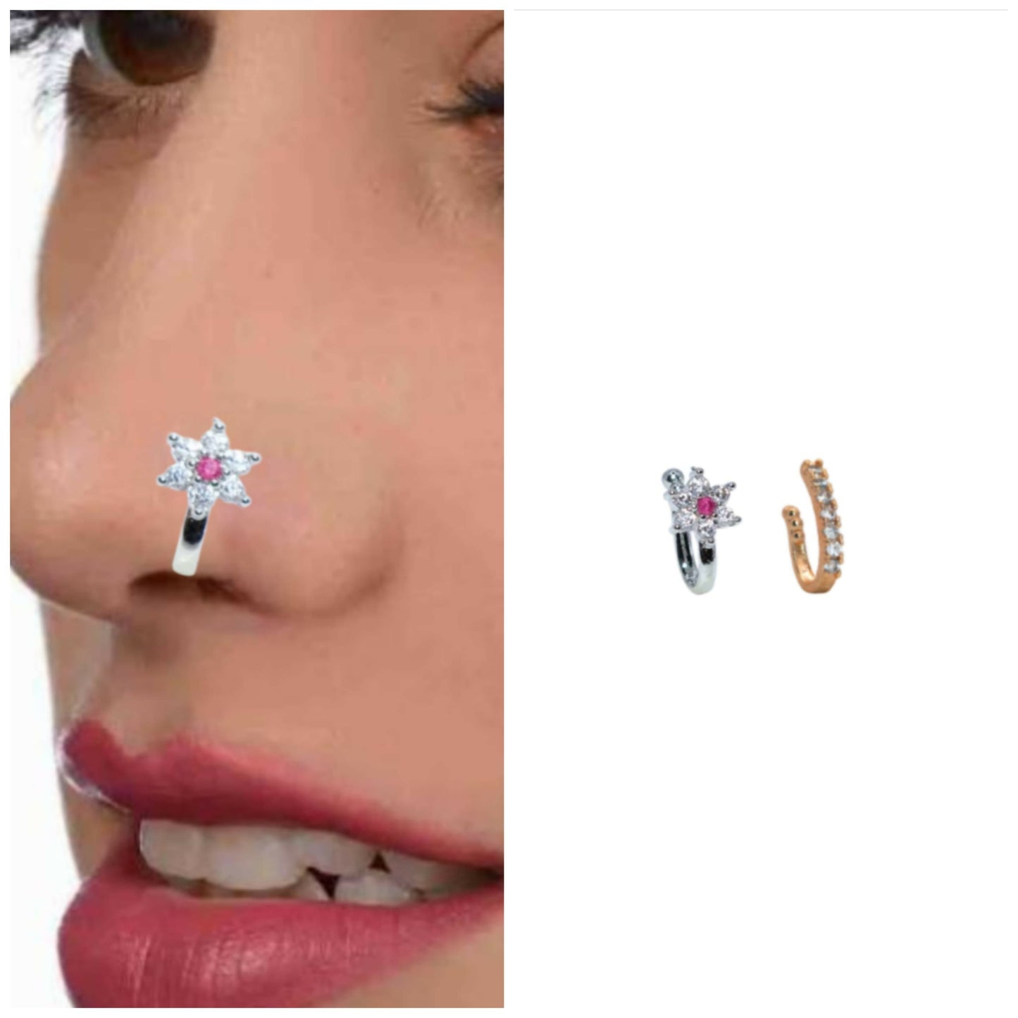 Non-Piercing Crystal Flower & CZ Gold/Silver Nose Clip Set Combo Pack of 2