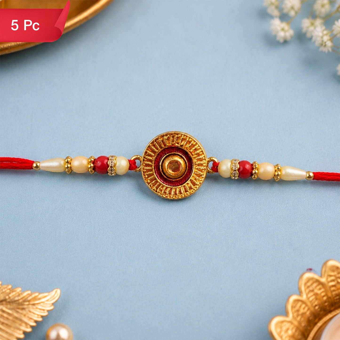 Traditional Round Rakhi with Pearl Beads for Rakshabandhan - Elegant and Festive (5pcs)