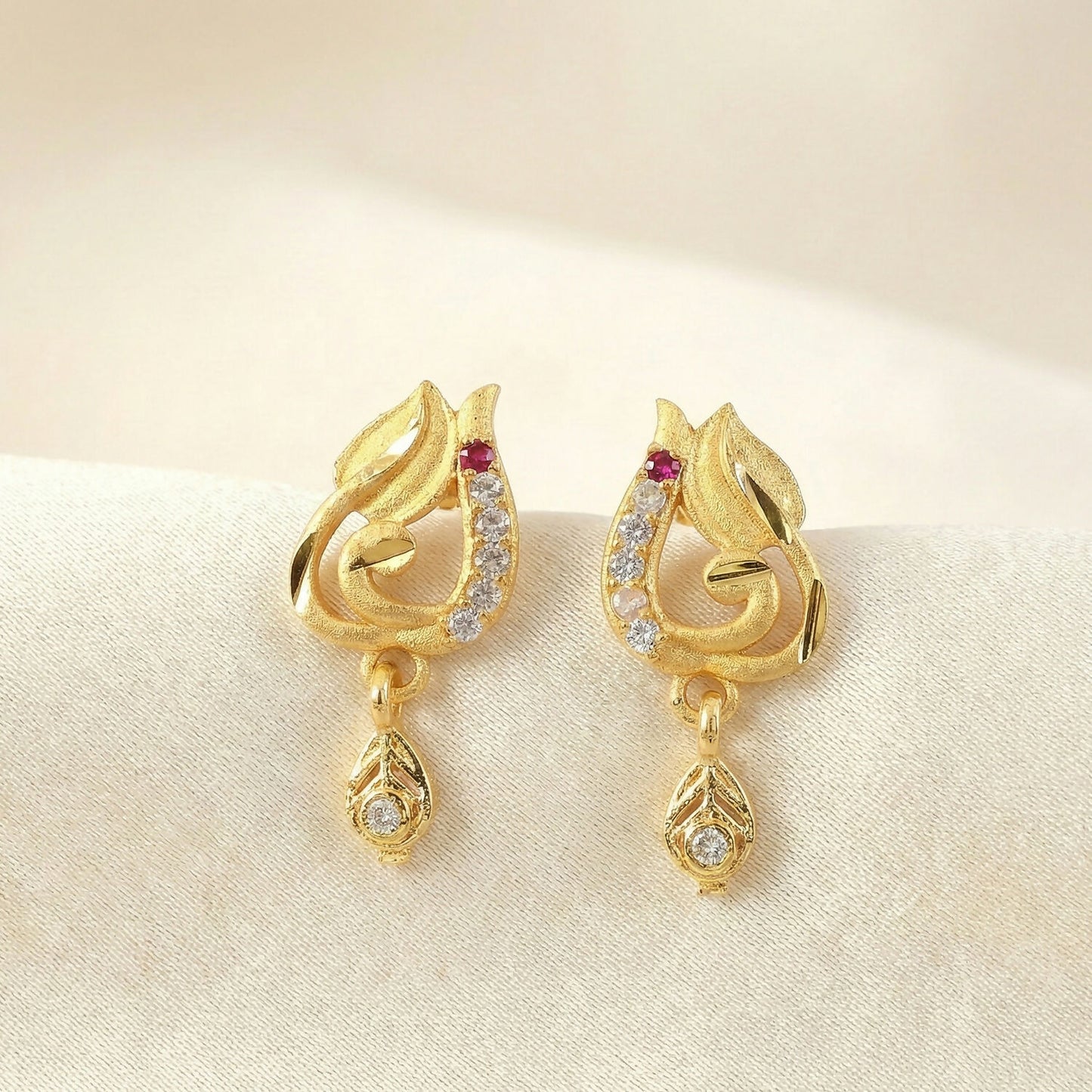 Traditional Curved Leaf Style Gold Stud Earrings With Crystal Detailing And Drop Charm