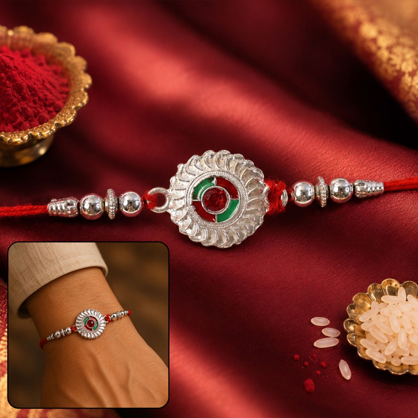 Silver Round Kundan Rakhi with Green Red Center and Metal Beads