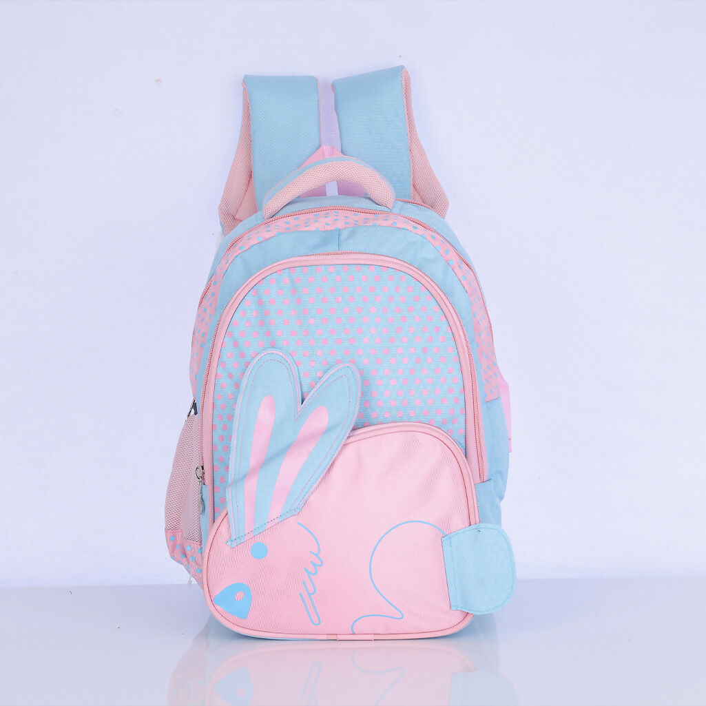 Close-up of cute pastel bunny graphic on kids backpack for girls and boys
