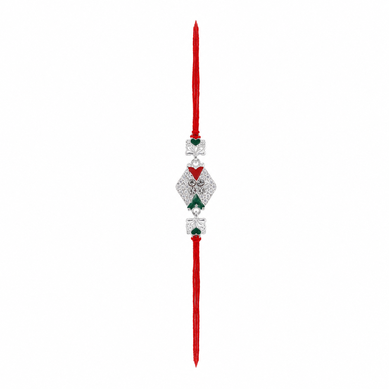 Silver Diamond Rakhi with Red Green Stones and Elephant Charms