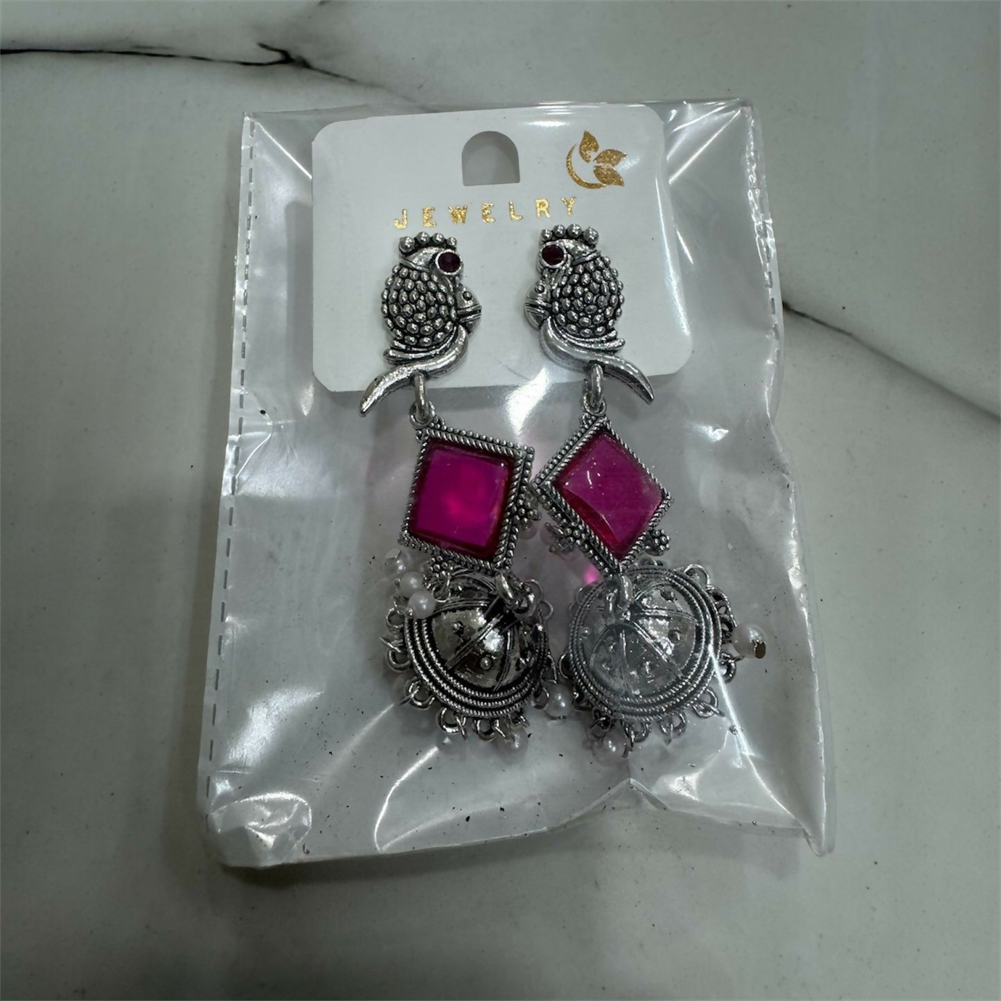 Oxidised Silver Pink Stone Parrot Design Jhumka Earrings for Women & Girls