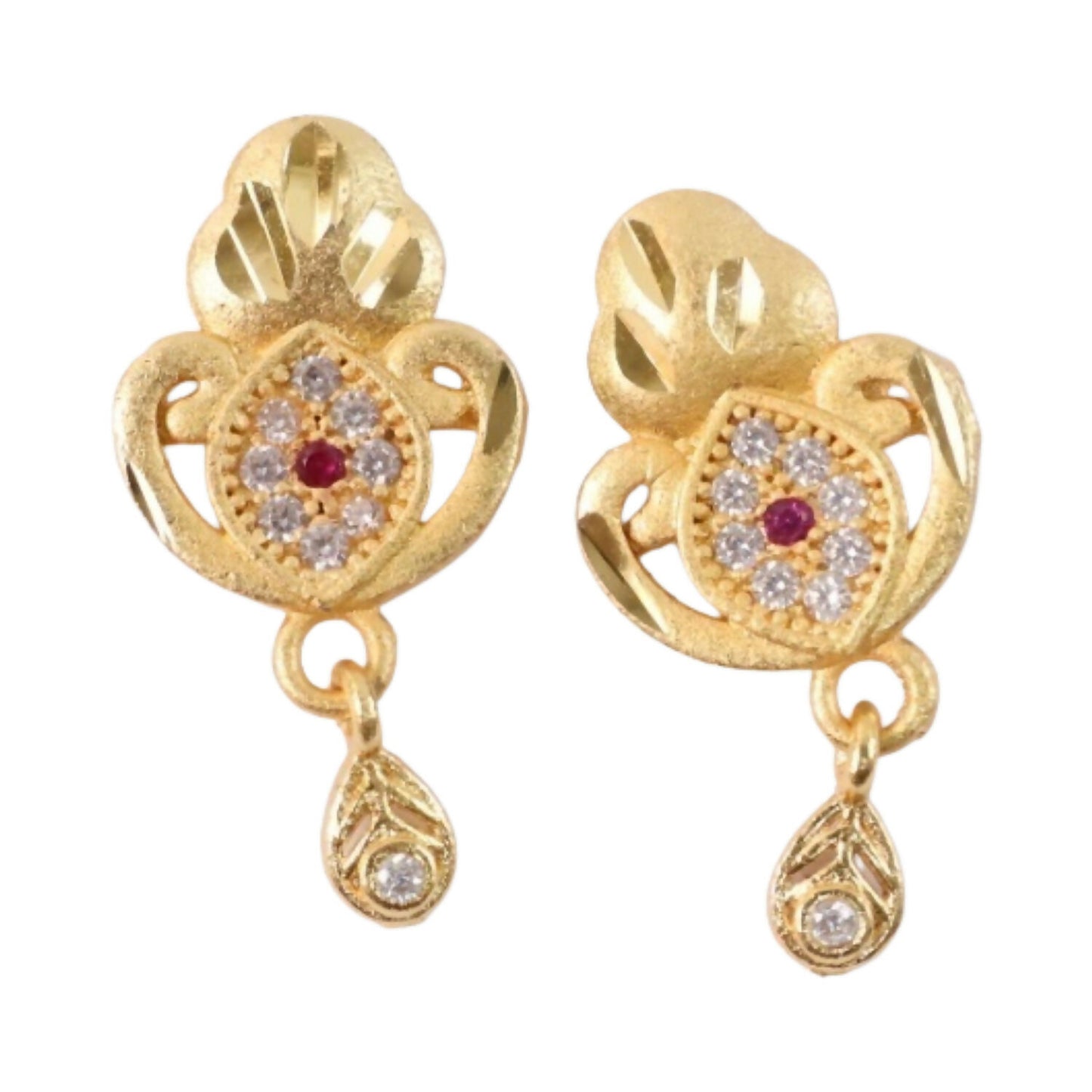 Ethnic Floral Motif Gold Stud Earrings With Stone Center And Elegant Drop Finish
