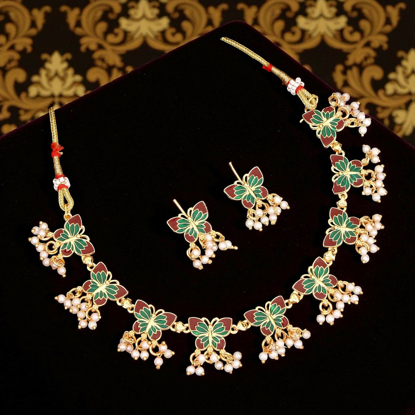 Gold-Plated Maroon & Green Enamel Butterfly Necklace Set with Pearl Drops