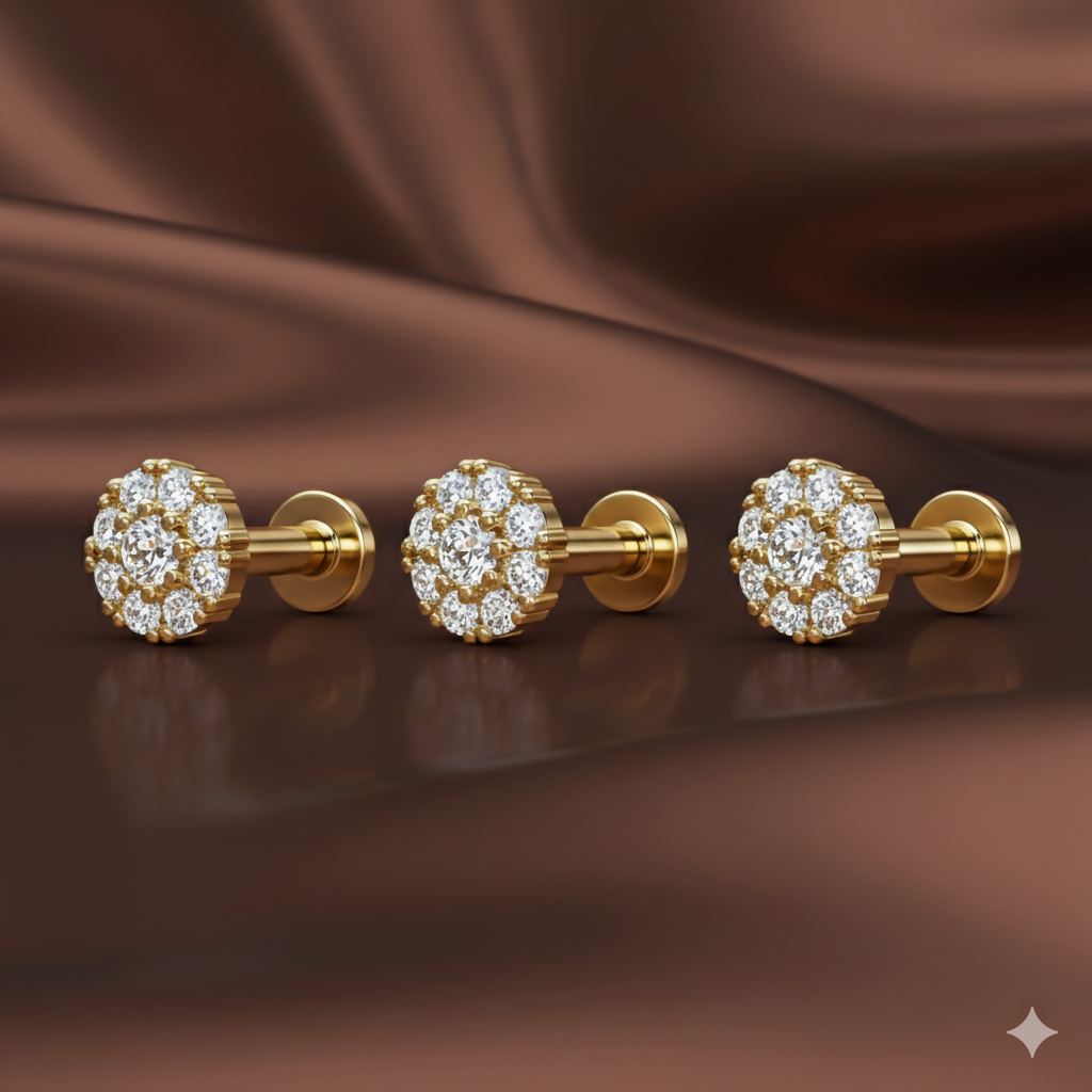 Gold plated floral cluster nose stud with sparkling stones on flat back