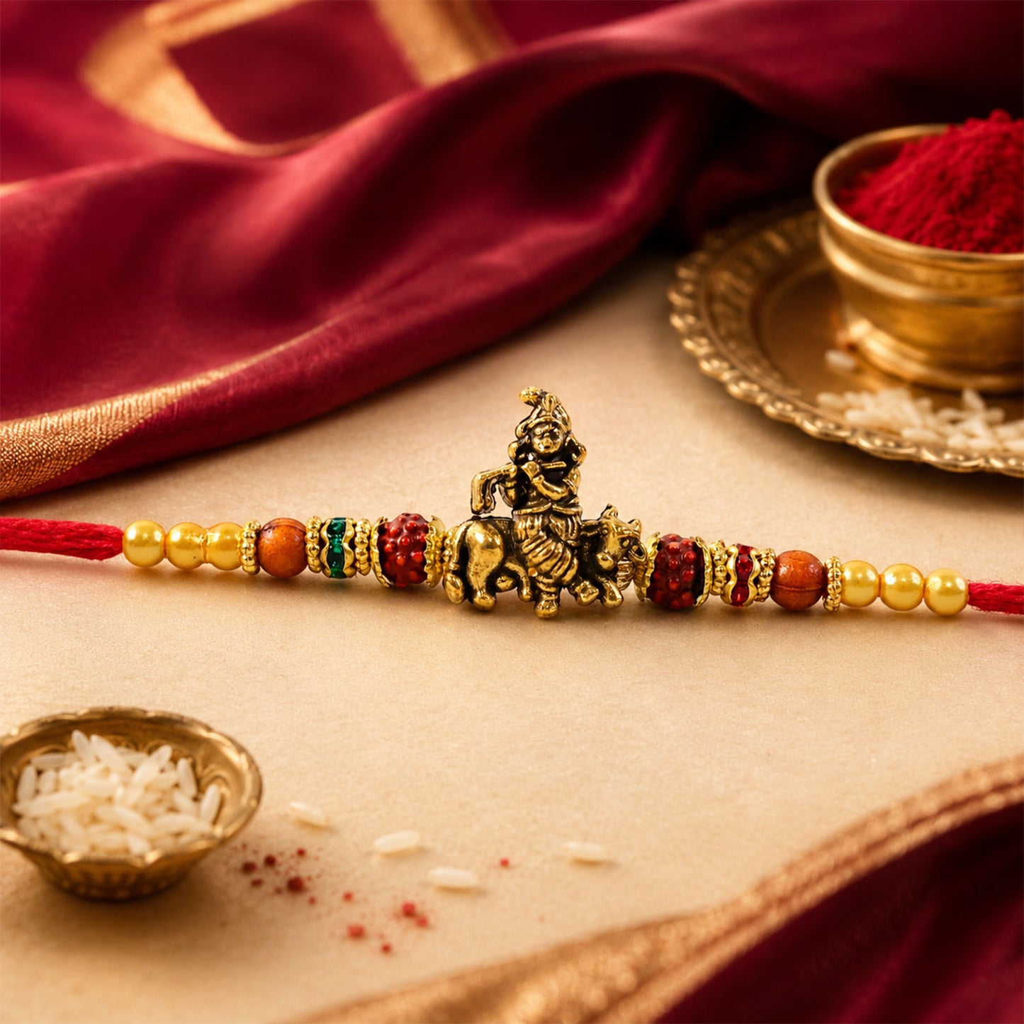 Bal Krishna Golden Devotional Rakhi with Idol Centre, Red Beads and Pearl Accents