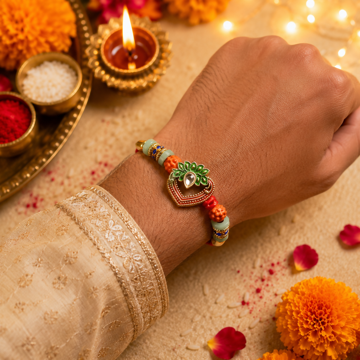 A man's arm, wearing a cream-colored kurta, displays the red and gold bracelet with a heart charm and colorful beads.