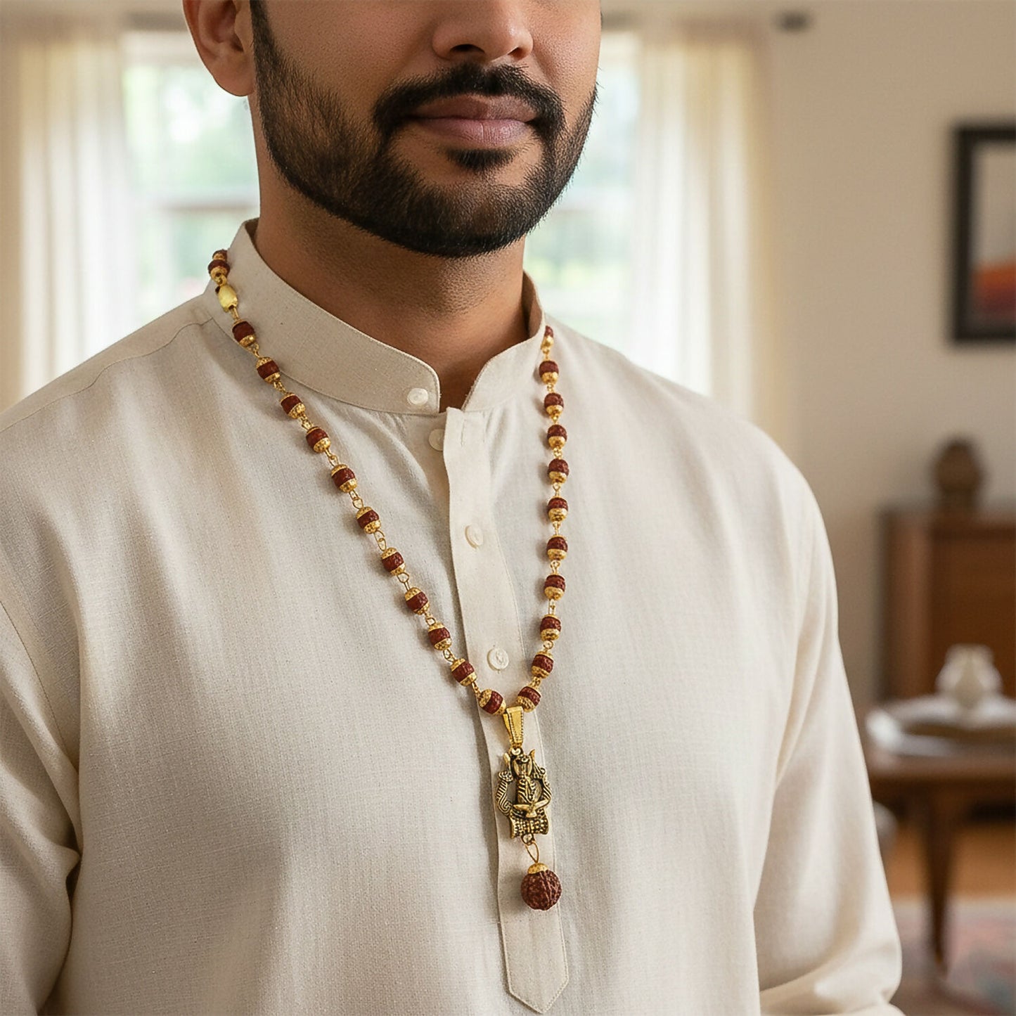 Trishul Shivling Gold Pendant & Rudraksha Mala