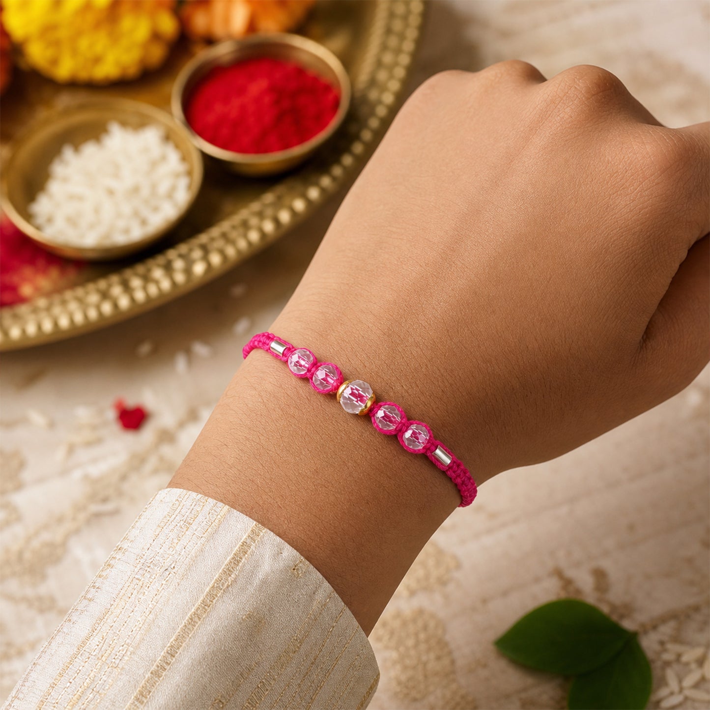 Pink Beaded Rakhi with Rose-Toned Sparkling Crystal Stones