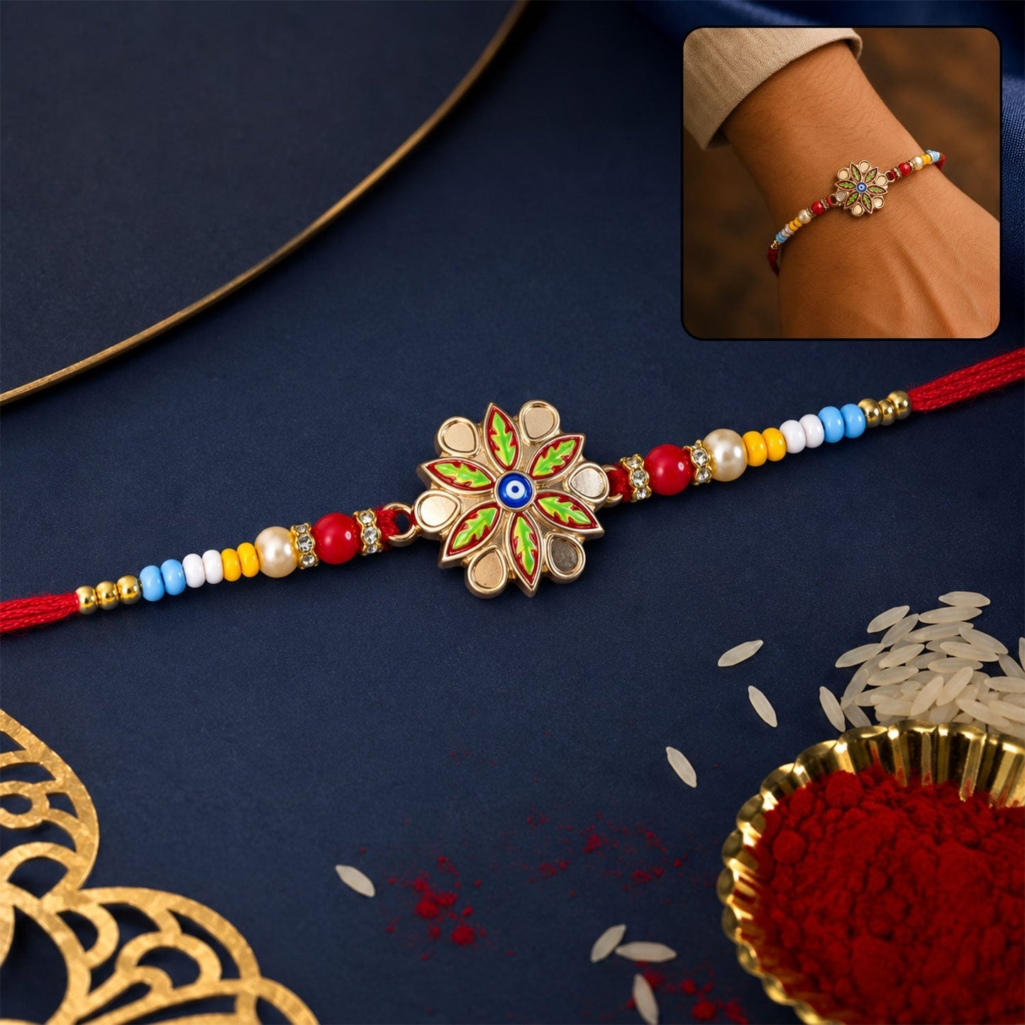 Rakhi for Brother Golden Meenakari Evil Eye with Beads (10pcs)