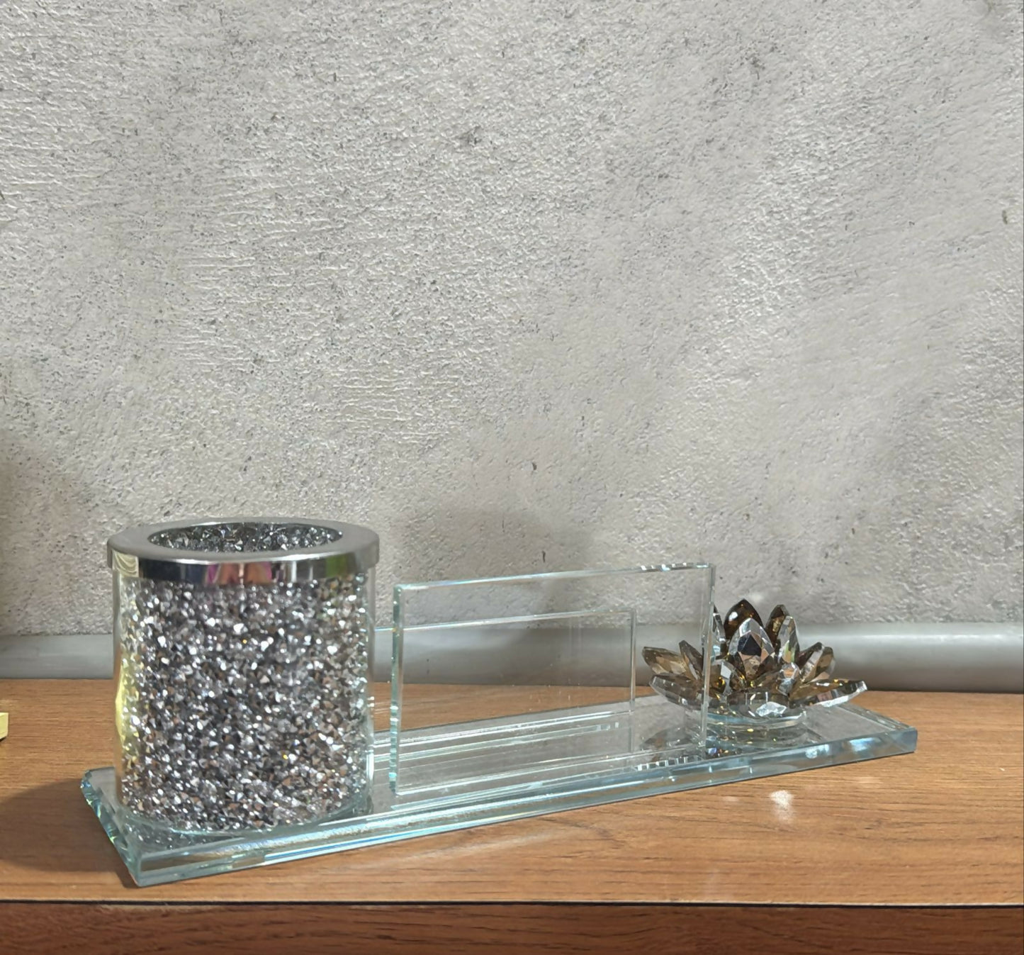 Luxury Glass Pen Stand and Card Holder with Crystal Lotus & Glitter Decor | Elegant Office Desk Organizer for Home, Workspace & Gifting