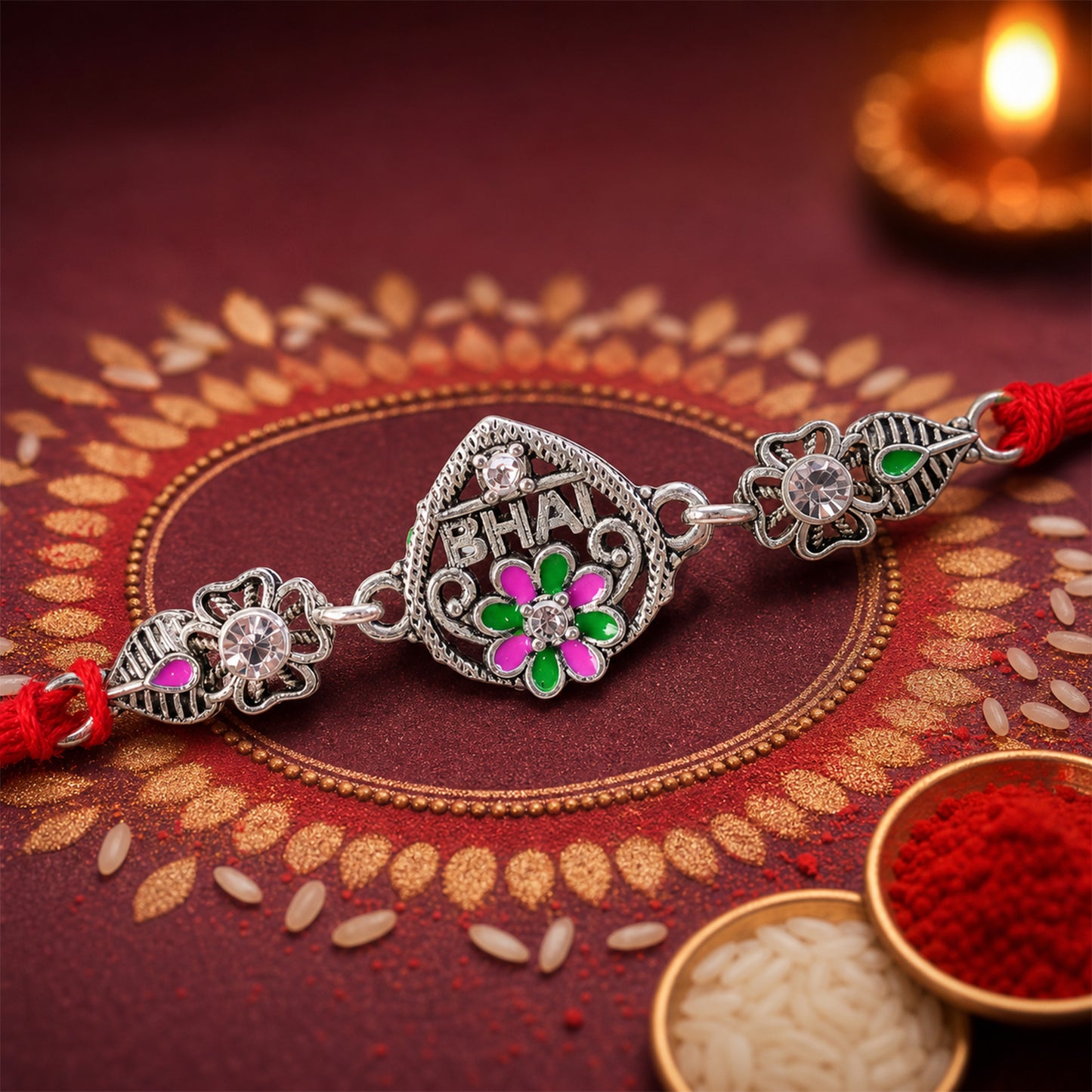 Elegant Rakhi with BHAI Text Plaque, crystal accents and gift style for Gift Styling