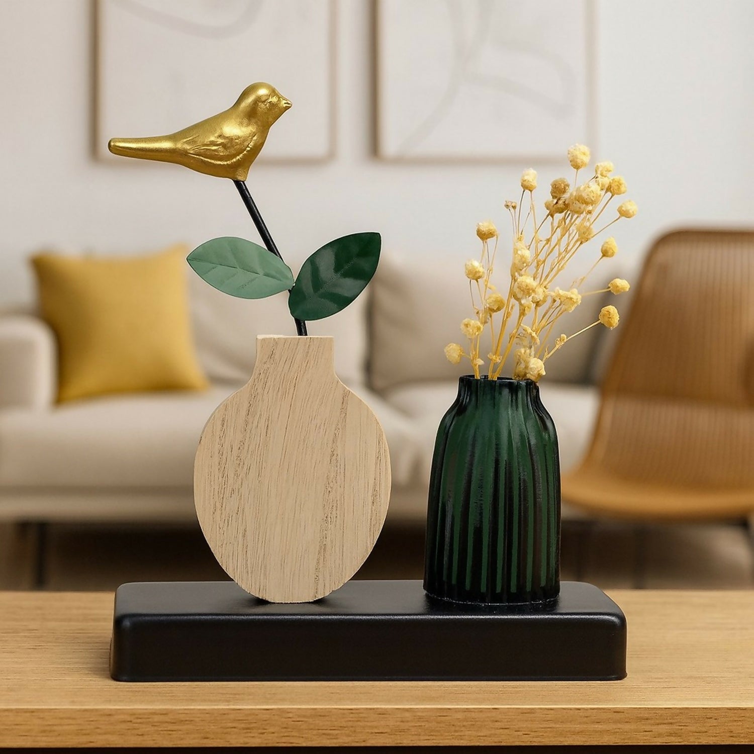 Luxury Metal Bird on Wooden Vase with Green Ceramic Pot & Artificial Flowers | Golden Bird Figurine Table Décor | Elegant Home, Office, Living Room, Bedroom, Café & Gifting Decoration Showpiece
