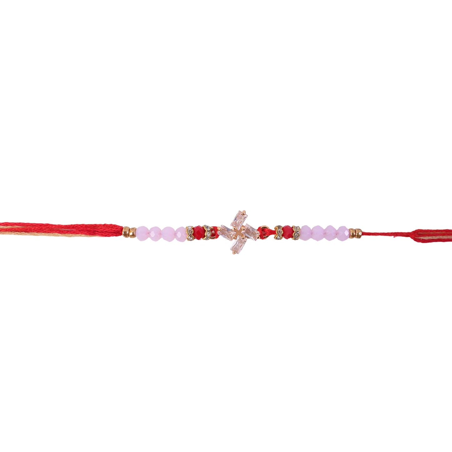 Crystal Cross Star Rakhi with Soft Pink Beads, Roli Chawal Coin and Elegant Gift Packing
