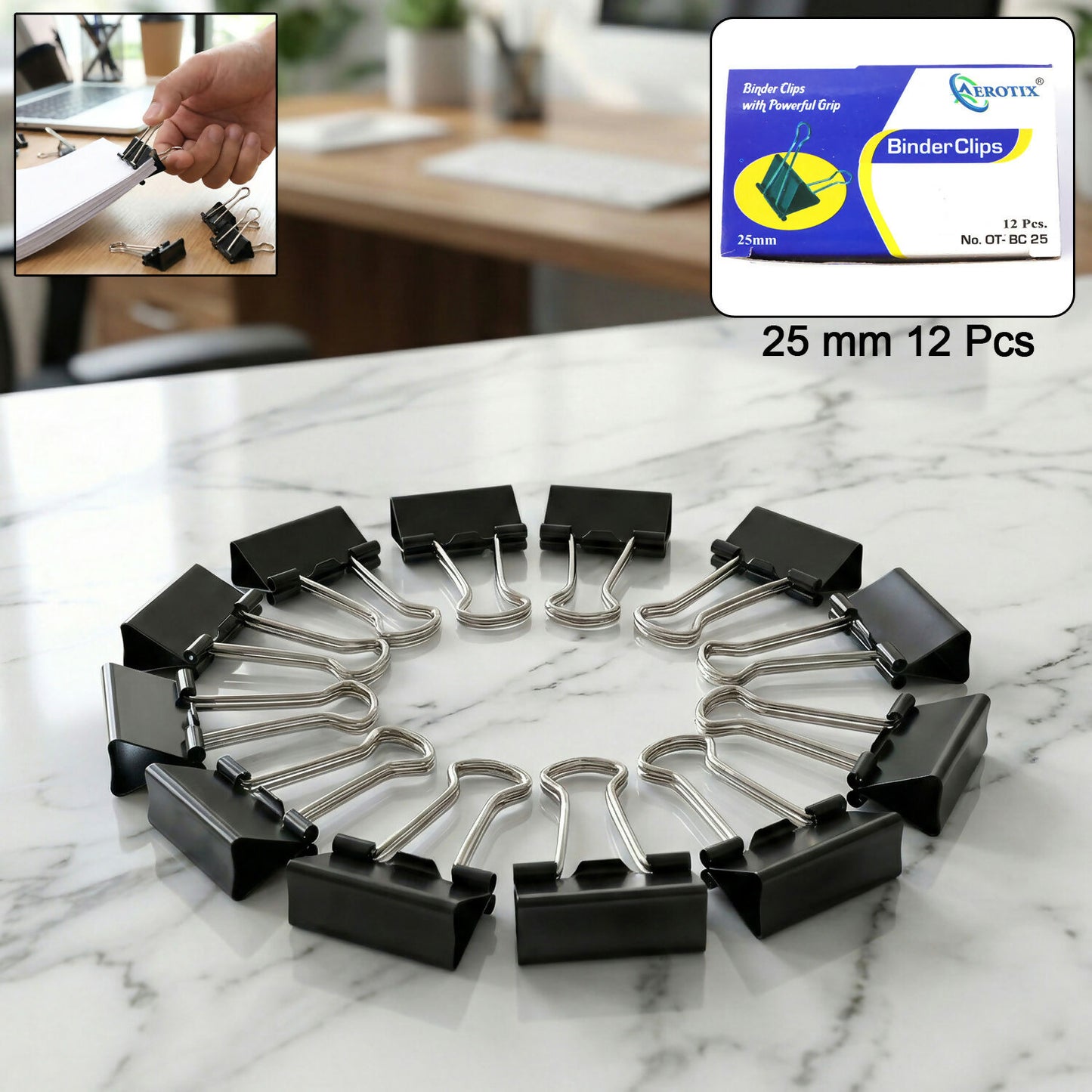 Heavy Duty Binder Clips for Office, School & Home Use Strong Grip Paper Clips Set (25mm/12pcs)