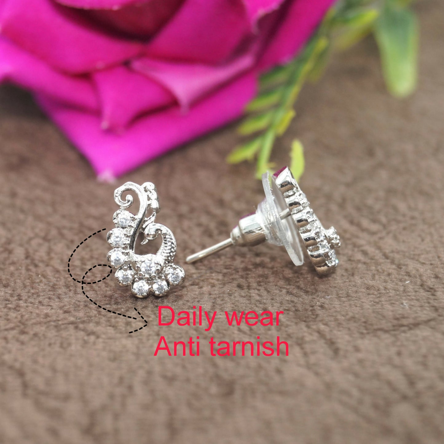 Silver-Plated AD Peacock Stud Earrings for women and girls