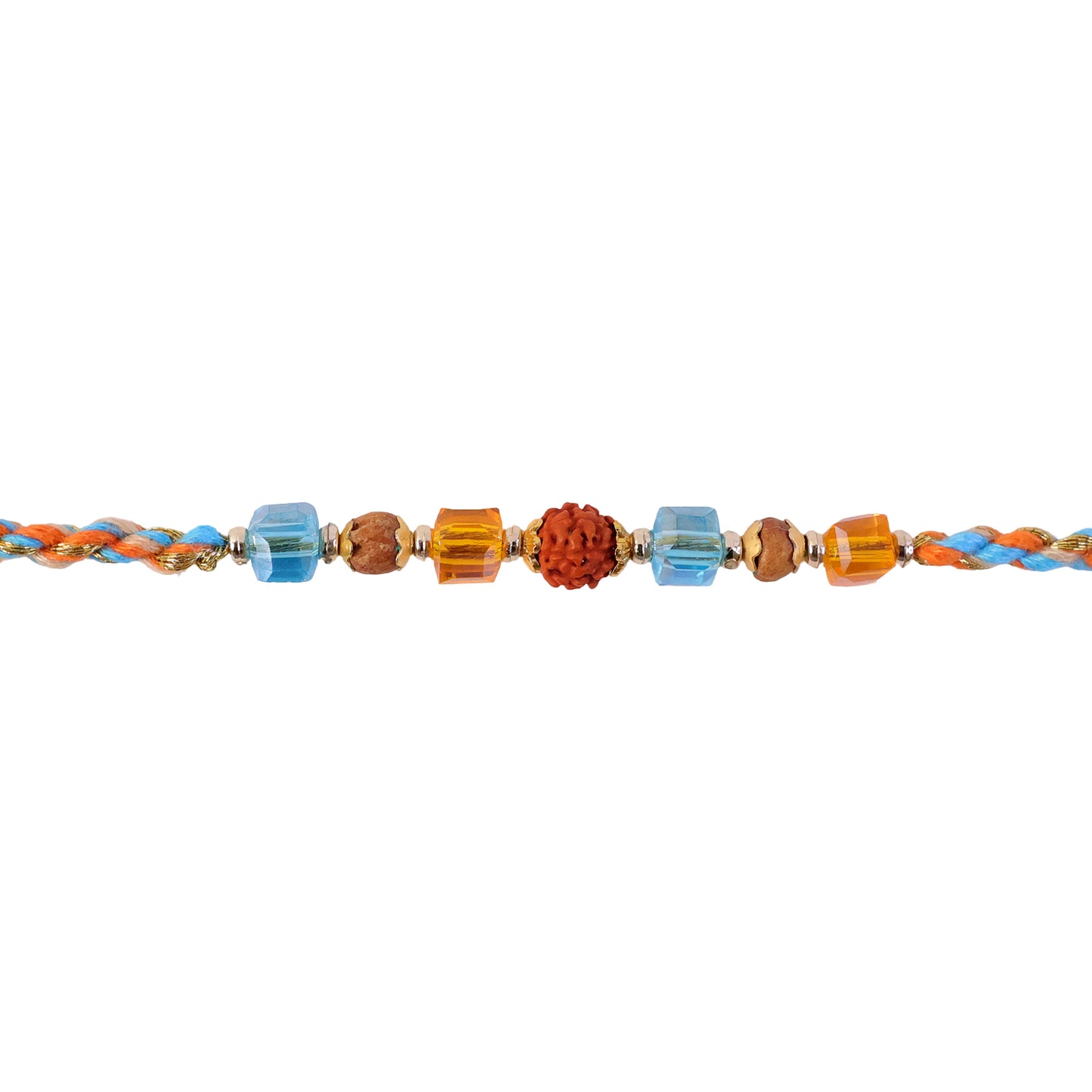 Blue Beaded Bracelet Rakhi with Golden Spacers and Colorful Festive Charm