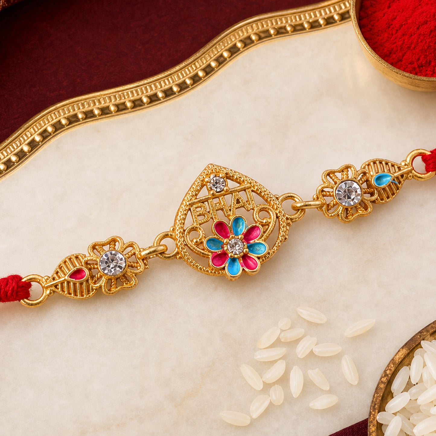 Designer Rakhi featuring BHAI Floral Plaque, clean frame and display look for Gifting