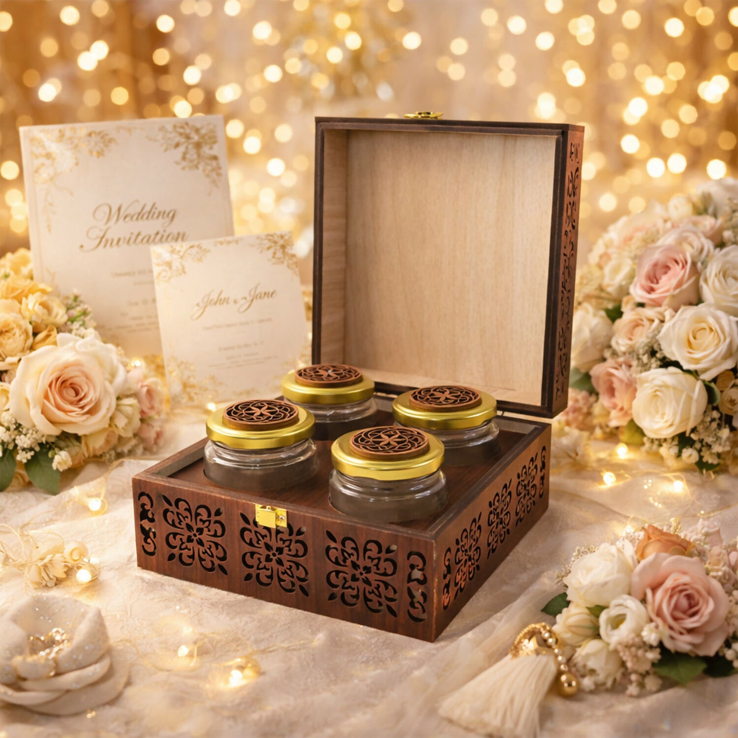 Side view of artisanal wooden gift chest with deep-relief floral carvings and gold clasp