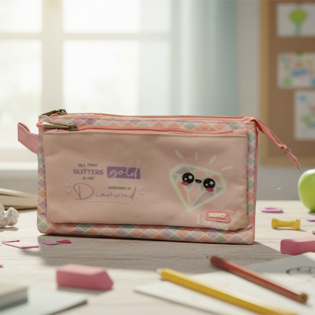 Cute Multicolor Pencil Pouch for Girls & Boys | Diamond Design | Multi-Pocket Zipper Stationery Case for School & Office