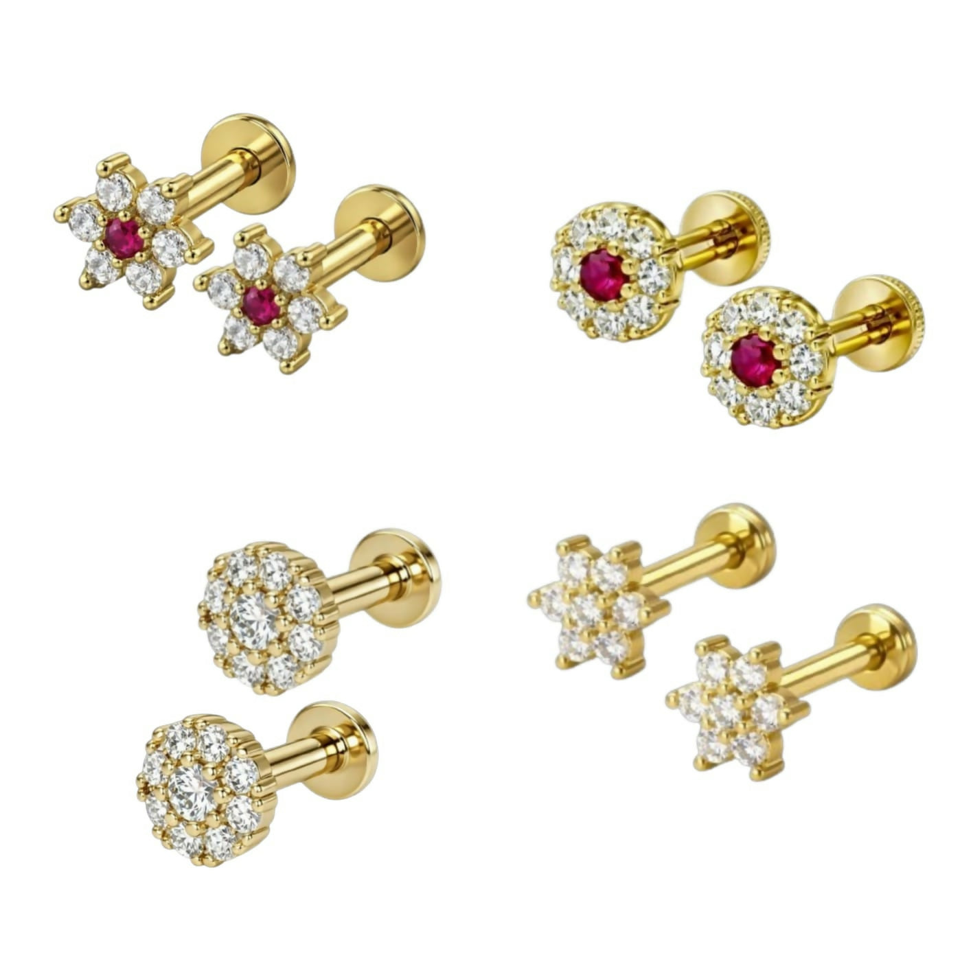 Set of 8 gold plated Ruby stud earrings designed with flat back posts for sensitive ears