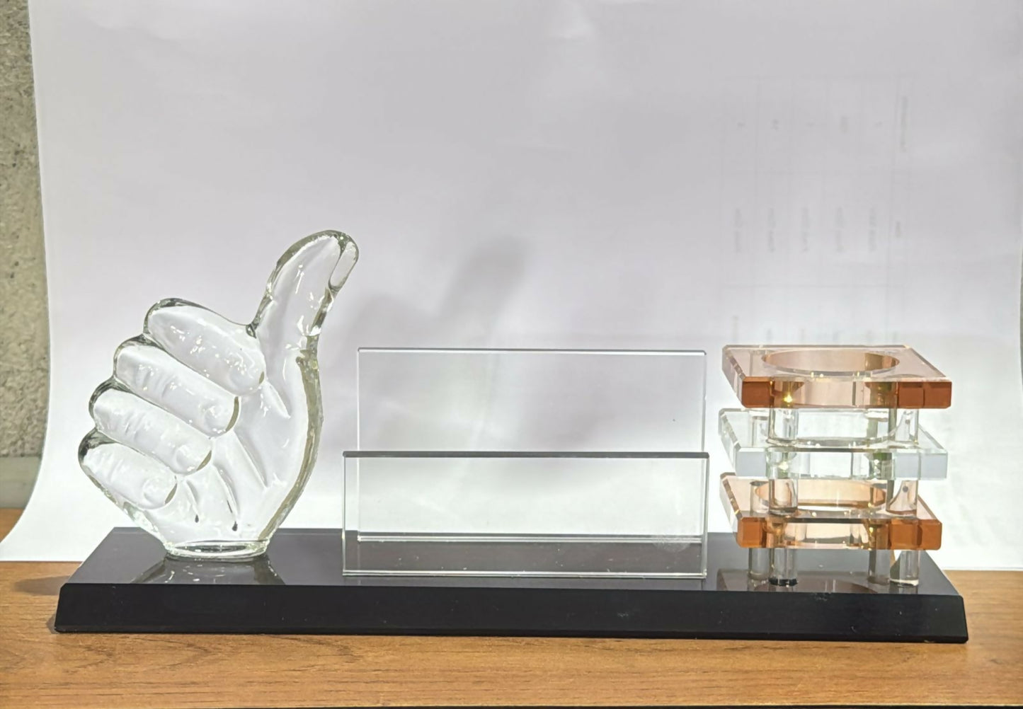 Premium Glass Desk Organizer with Thumbs-Up Sculpture, Transparent Business Card Holder & Stacked Amber Crystal Pen Stand for Office, Study Table & Corporate Gifting