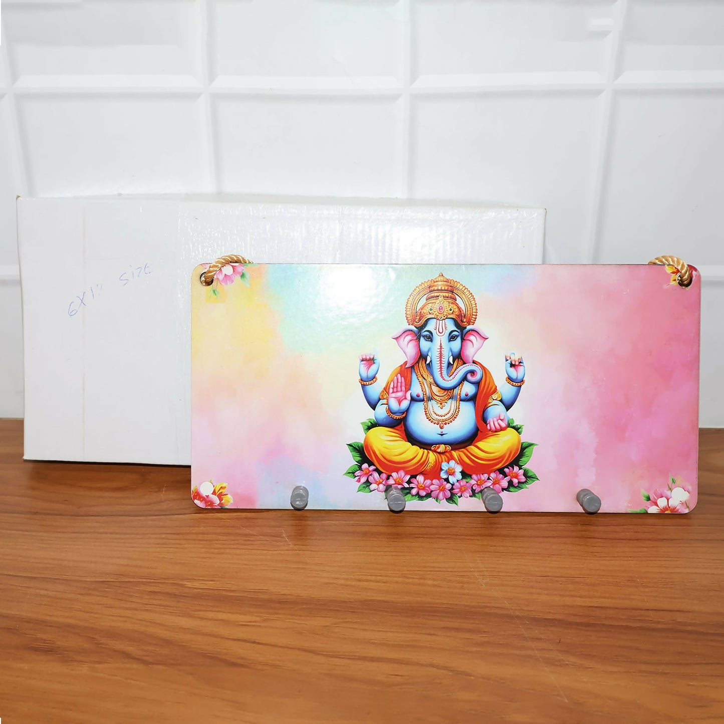 Ganpati Printed Wooden Key Holder with Rope Hanging & 4 Hooks – 6 x 12 Inch