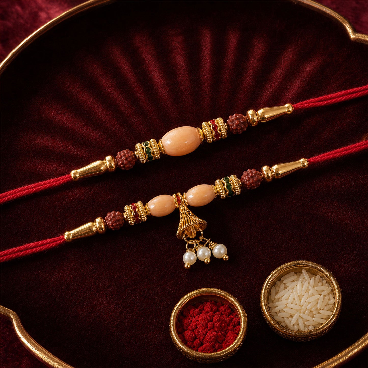 Couple Rakhi with Peach Oval Center Bead and Pearl Drop Charm
