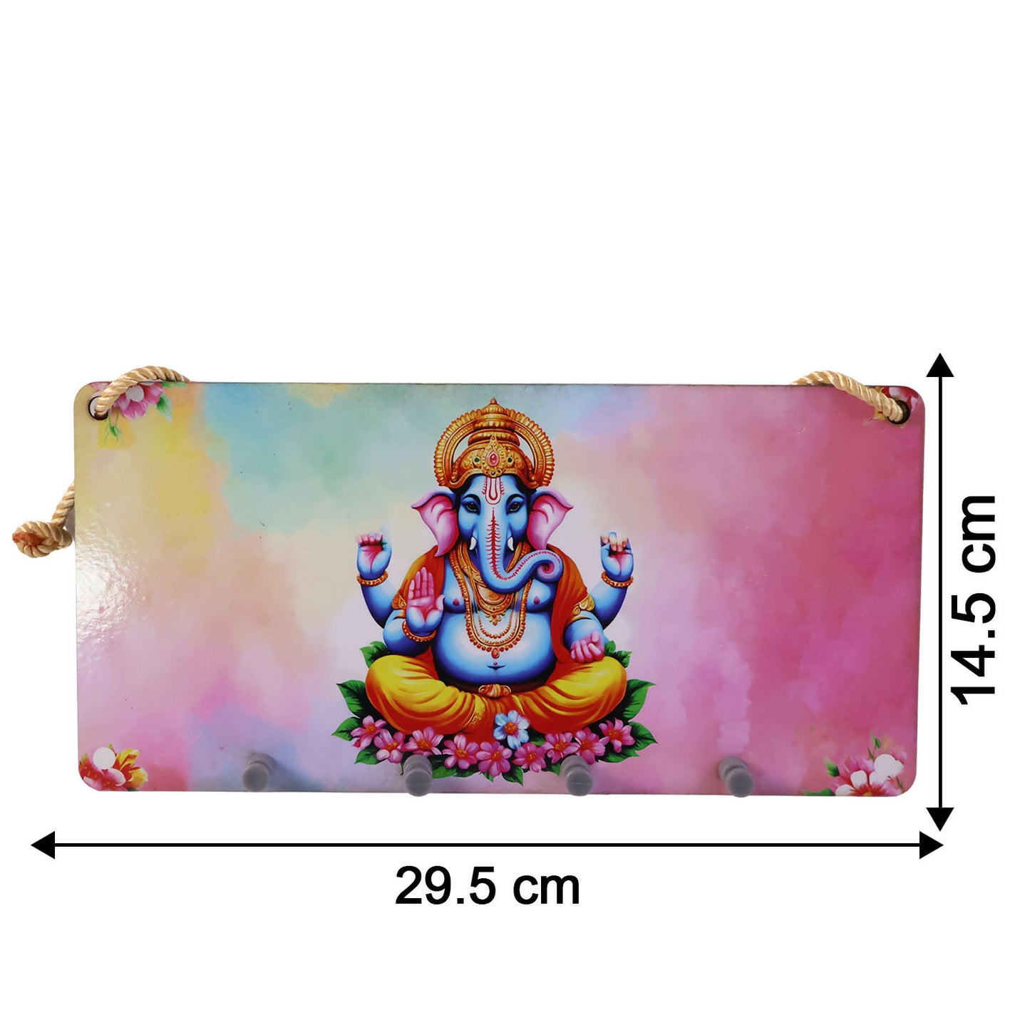 Ganpati Printed Wooden Key Holder with Rope Hanging & 4 Hooks – 6 x 12 Inch
