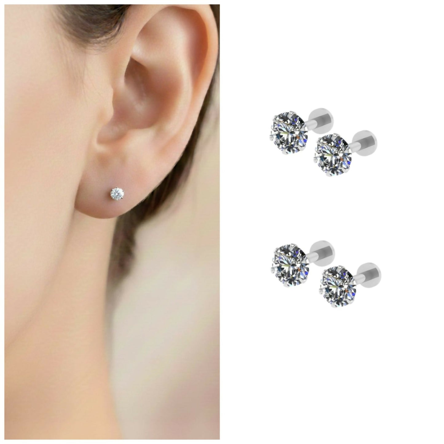 Silver plated round AD solitaire stud earrings with brilliant cubic zirconia stone