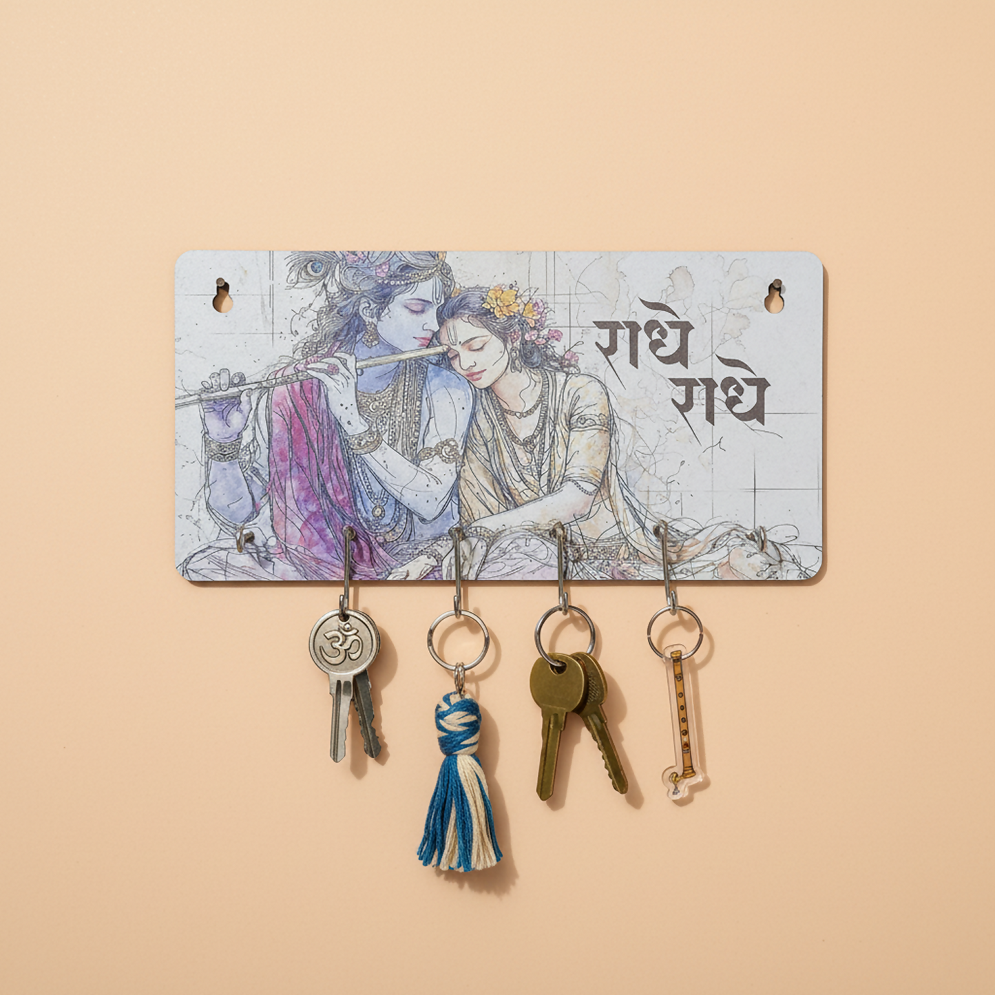 Close-up of the UV-printed Shri Krishna and Radha artwork on the wall key holder