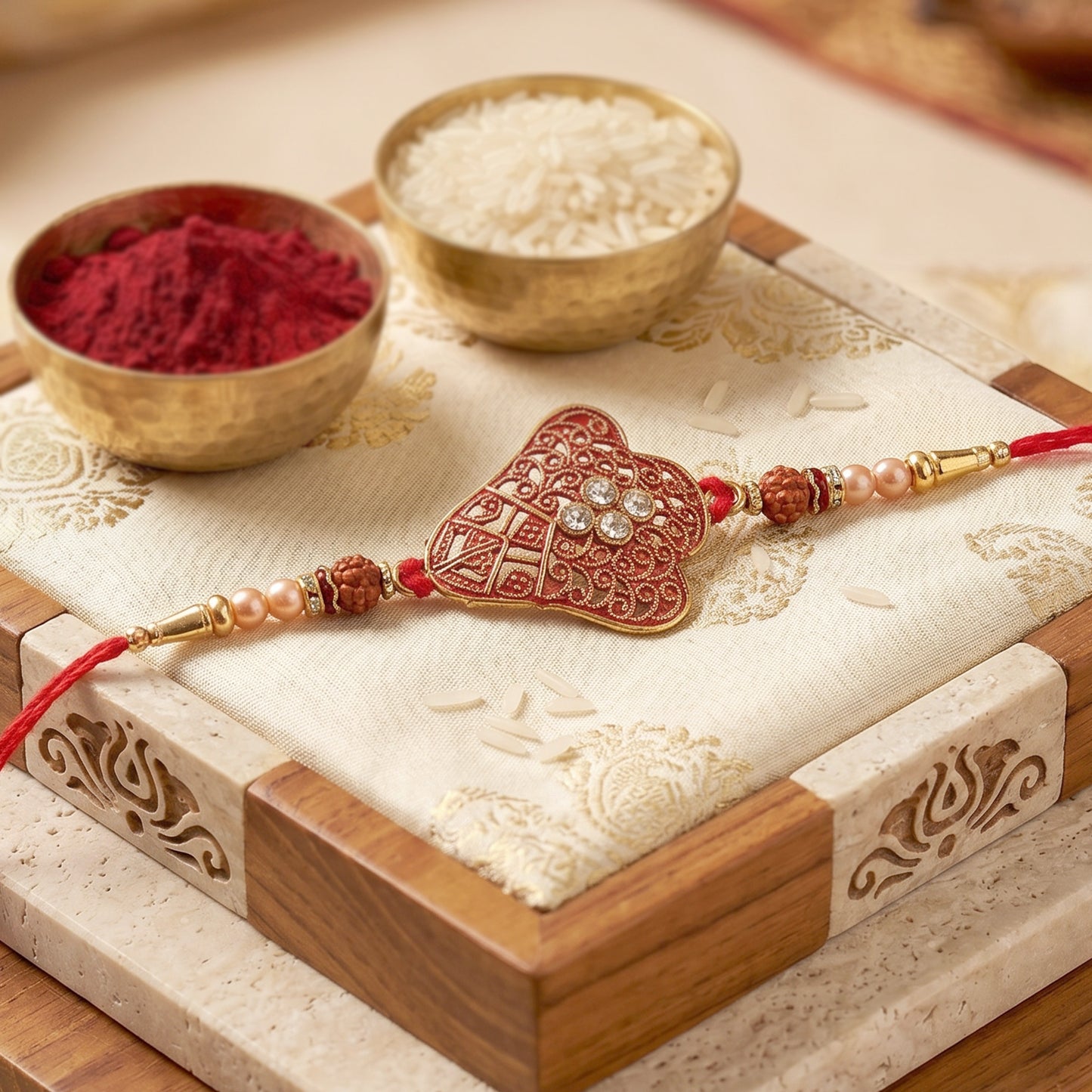 Red Heart Meenakari Rakhi with Pearl Chain and Gold Beads