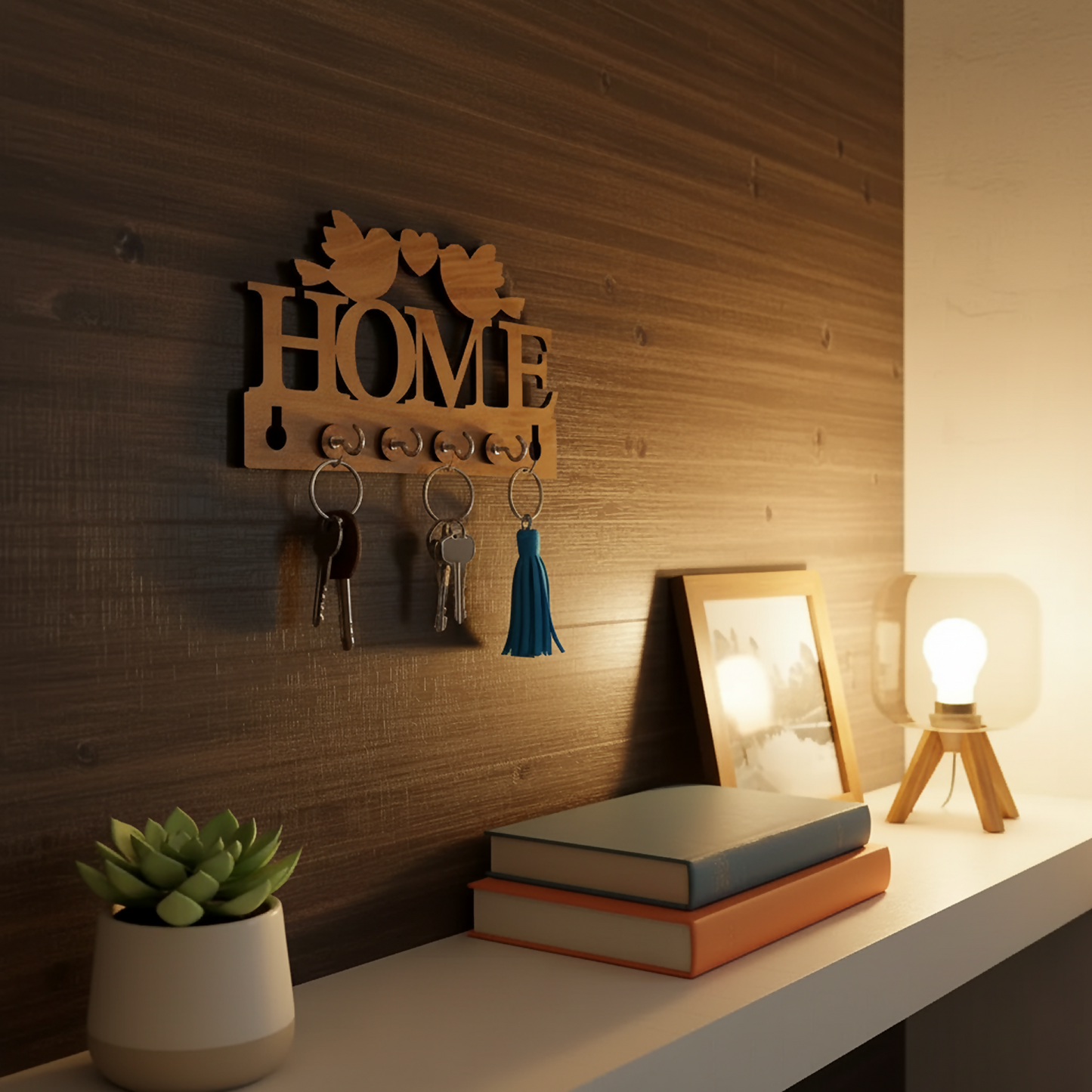 Wooden Key Holder for Wall “HOME” with Birds – Decorative MDF Wall Key Organizer | Home Décor Key Stand