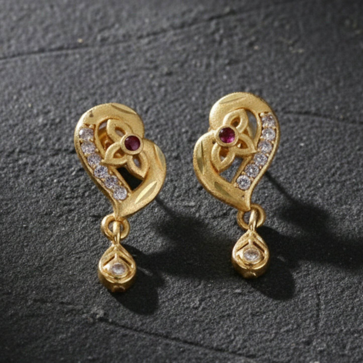 Decorative Leaf Pattern Gold Stud Earrings With Embedded Stones And Drop Element